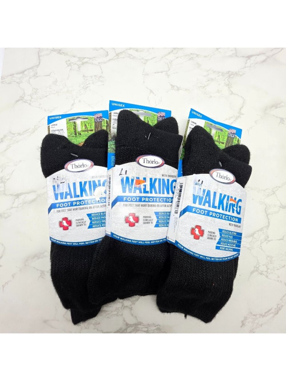 3 Pr Thorlos Black Walking Crew Socks Mens Large Unisex Thick Padded WX13552 NEW